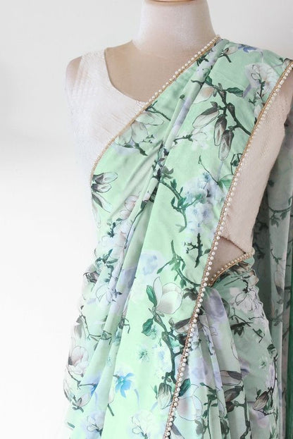 Sea green digital floral printed pearl lace saree