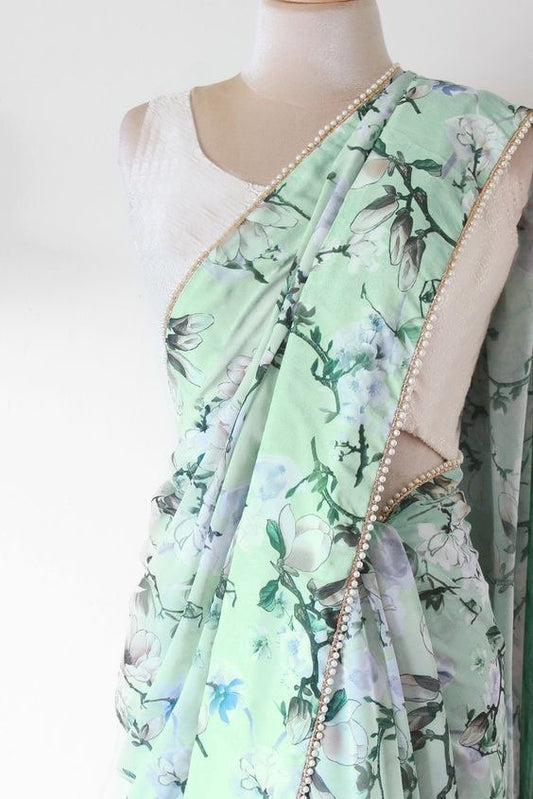 Sea green digital floral printed pearl lace saree