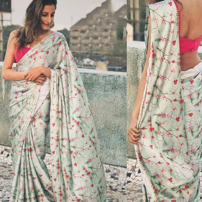 sea green digital printed casual wear saree with moti lace