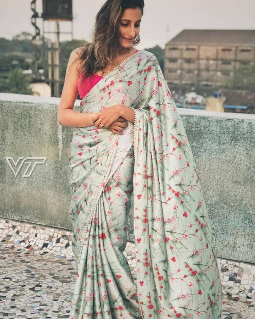 sea green digital printed casual wear saree with moti lace