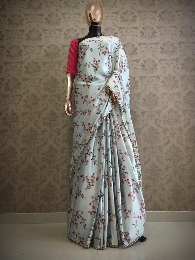 sea green digital printed casual wear saree with moti lace