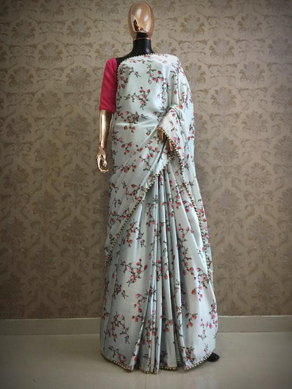 sea green digital printed casual wear saree with moti lace