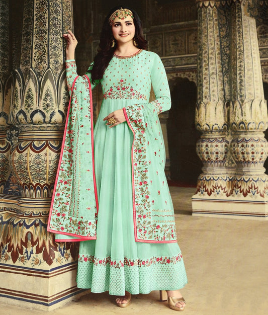 Sea green dola silk heavy embroidered designer anarkali gown