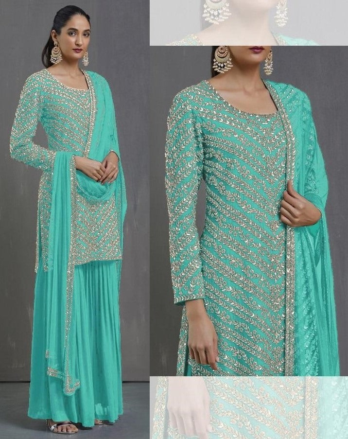Sea green faux georgette embroidered sequence plazzo suit