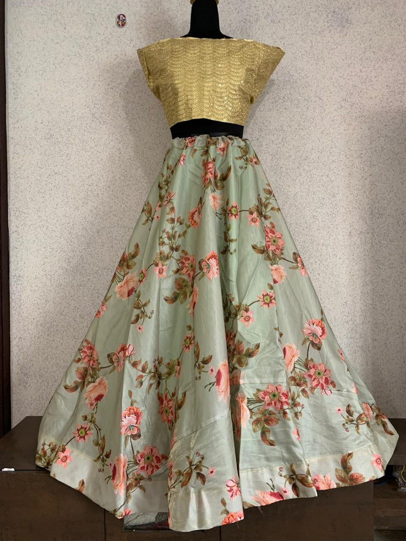 Sea green floral printed banglori satin crop top lehenga