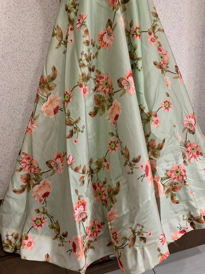 Sea green floral printed banglori satin crop top lehenga