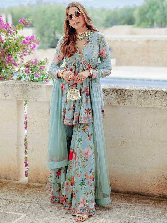 Sea green floral printed embroidered sharara suit