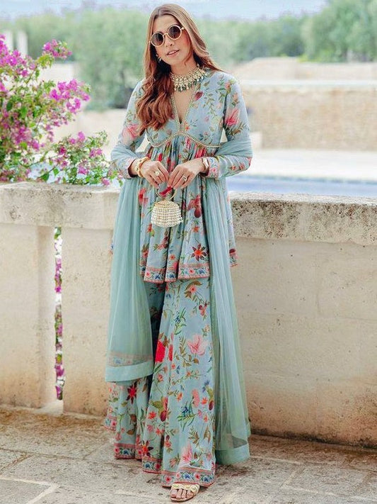 Sea green floral printed embroidered sharara suit