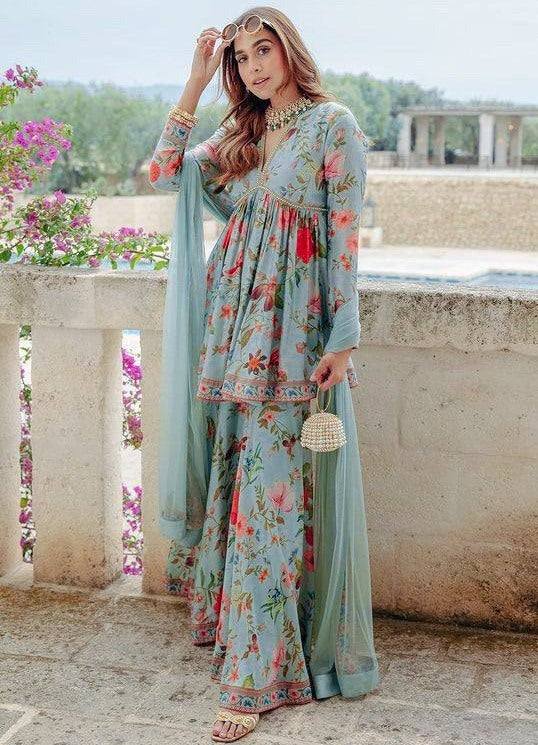 Sea green floral printed embroidered sharara suit