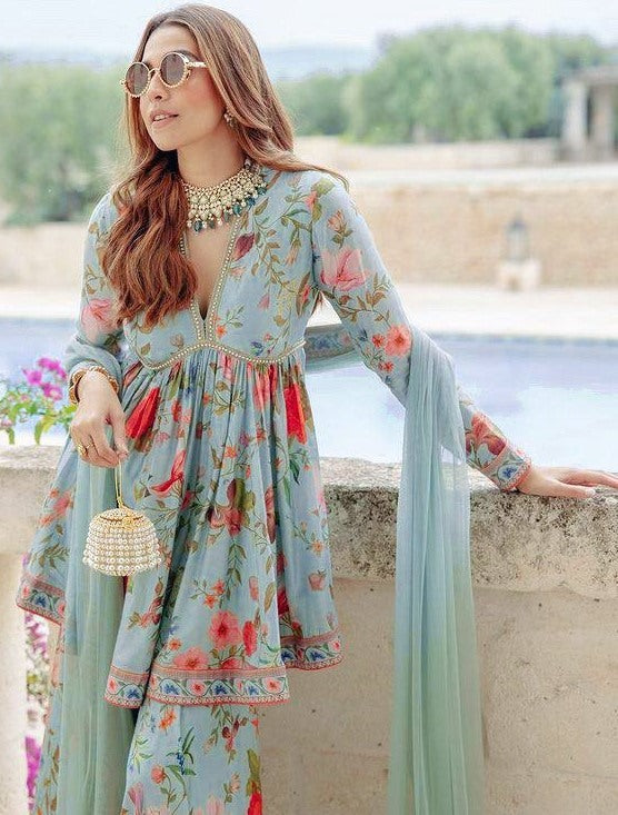 Sea green floral printed embroidered sharara suit