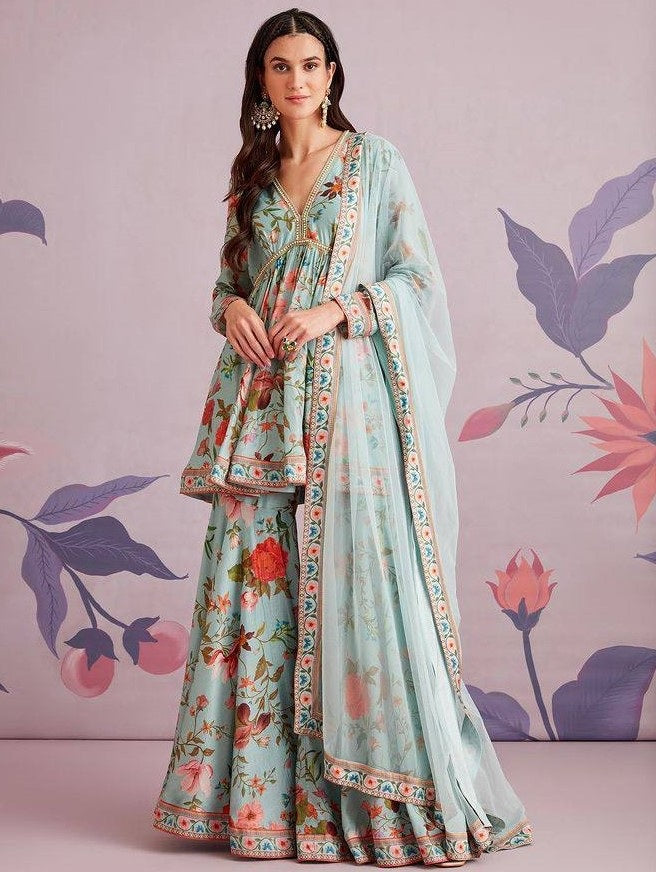 Sea green floral printed embroidered sharara suit