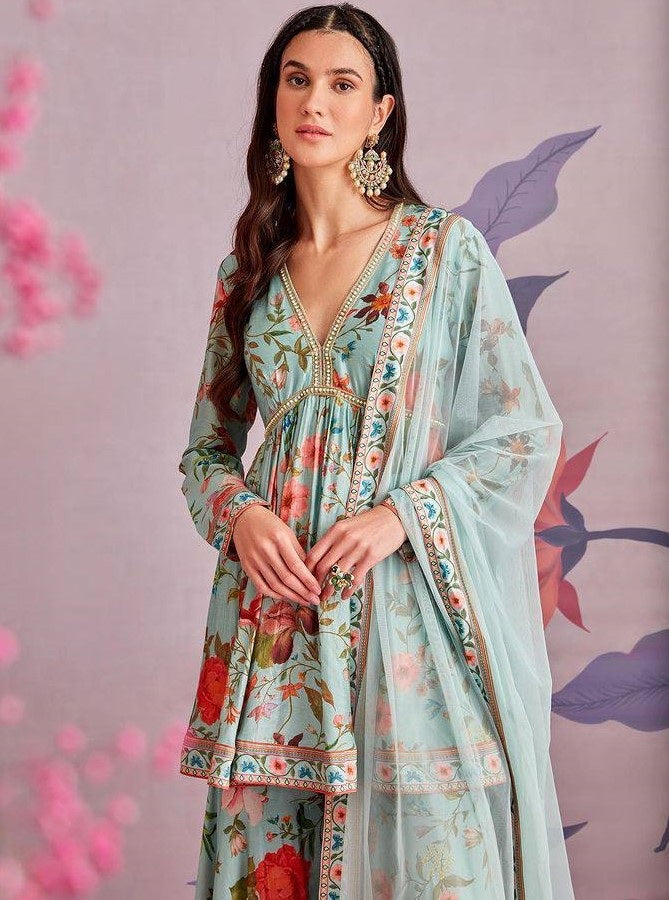 Sea green floral printed embroidered sharara suit