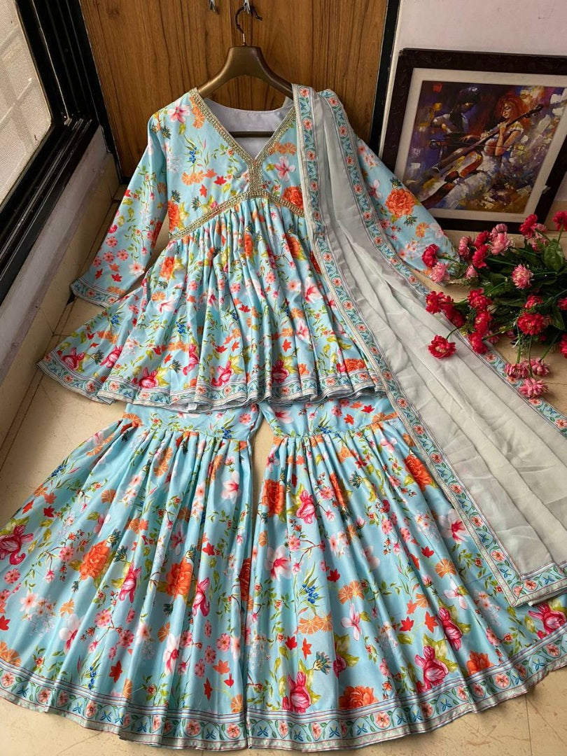 Sea green floral printed embroidered sharara suit