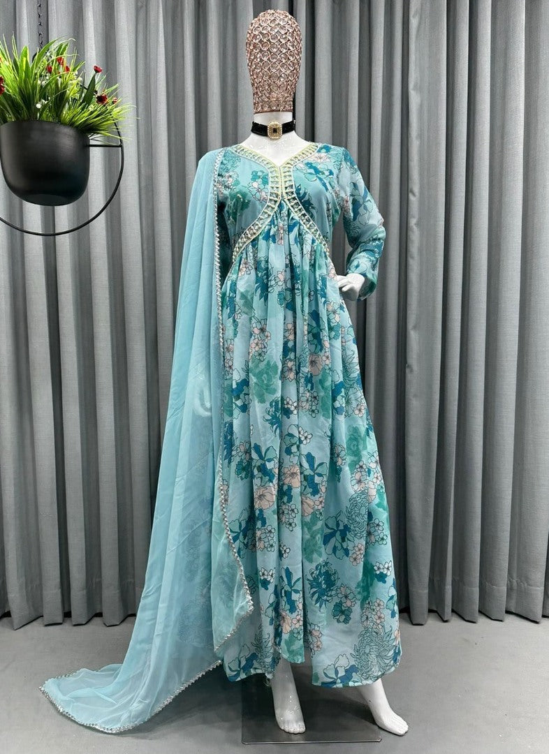 Sea green floral printed georgette handwork alia cut kurti