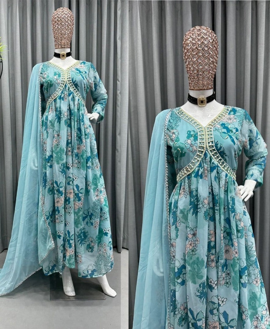 Sea green floral printed georgette handwork alia cut kurti