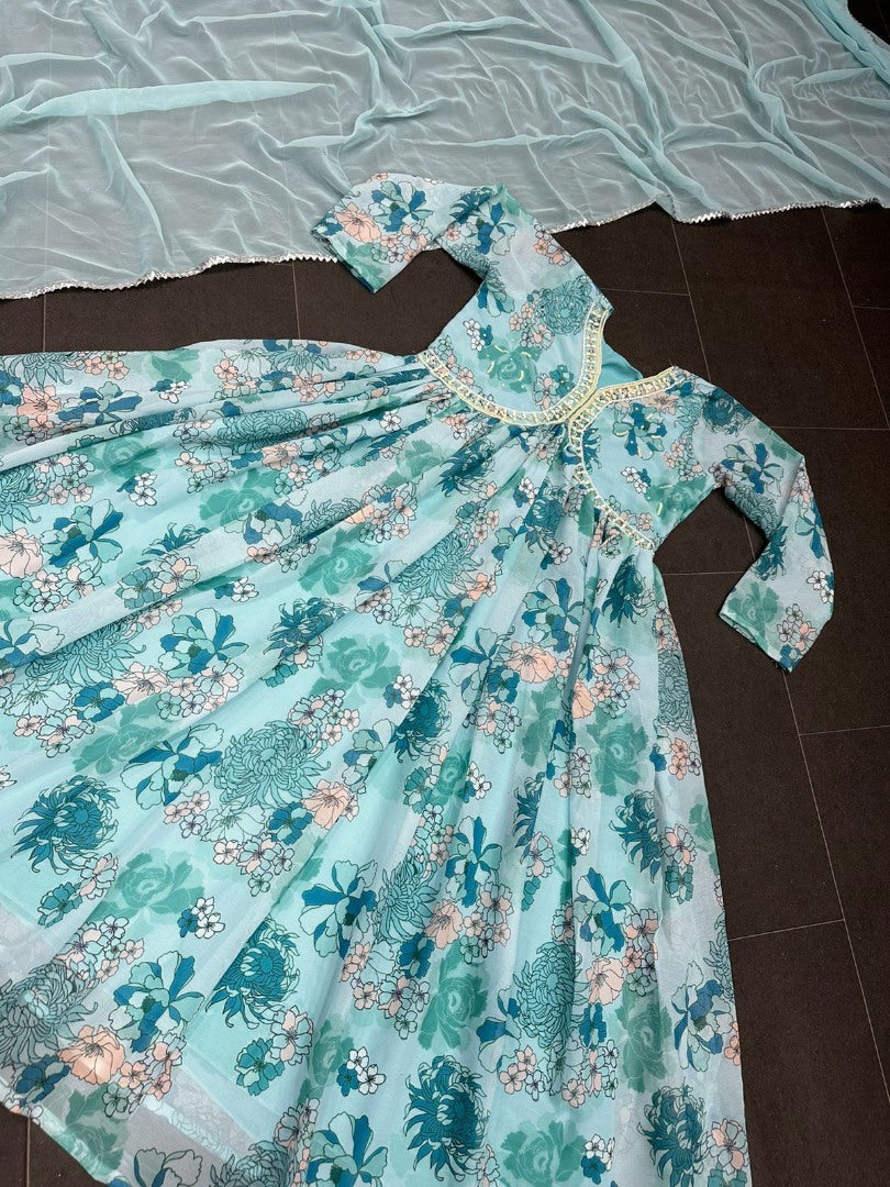 Sea green floral printed georgette handwork alia cut kurti