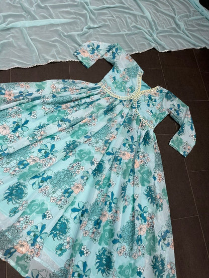 Sea green floral printed georgette handwork alia cut kurti
