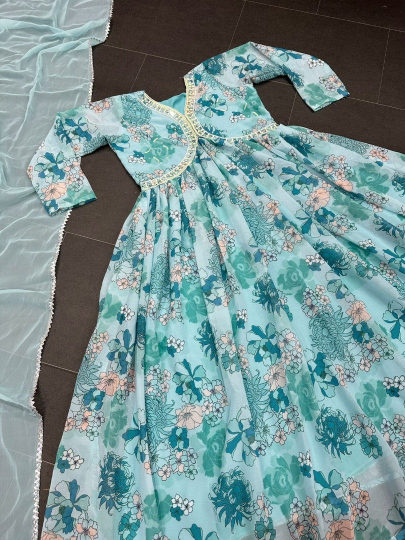 Sea green floral printed georgette handwork alia cut kurti