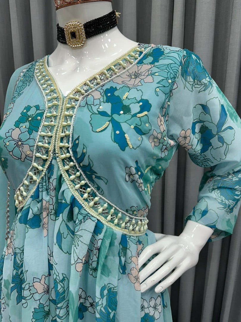 Sea green floral printed georgette handwork alia cut kurti