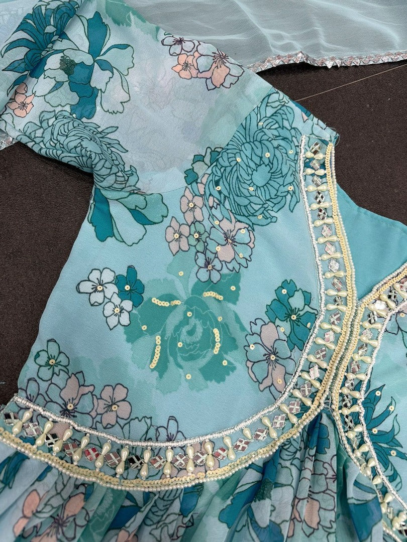 Sea green floral printed georgette handwork alia cut kurti
