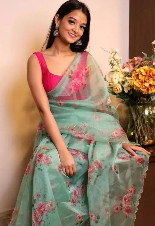 Sea green floral printed organza saree