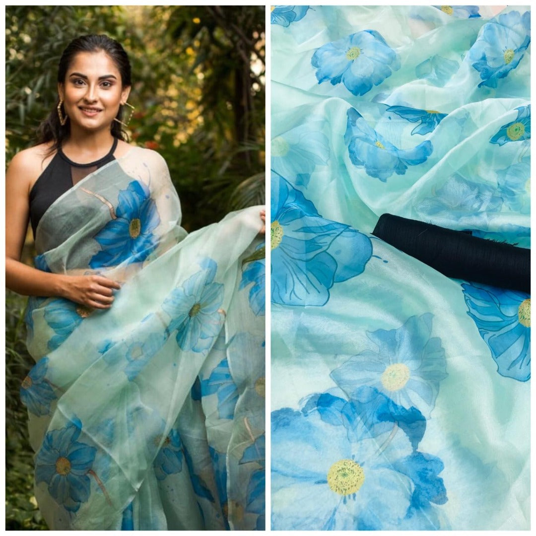 Sea green floral printed organza saree
