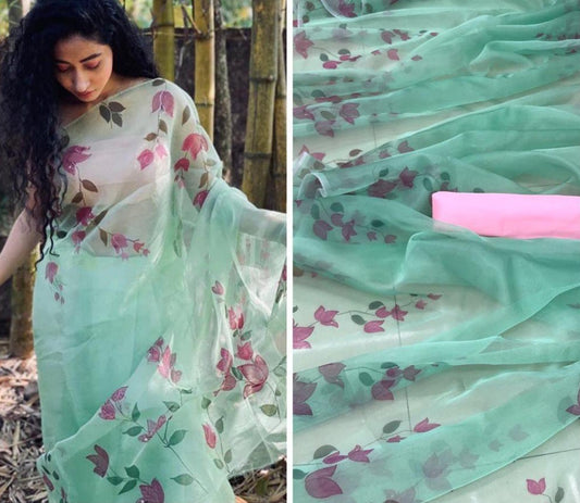 Sea green floral printed organza saree