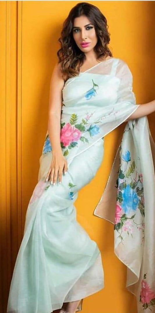 Sea green flower printed organza saree