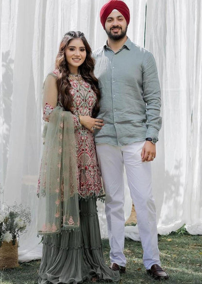 Sea green fox georgette embroidered work sharara plazzo suit