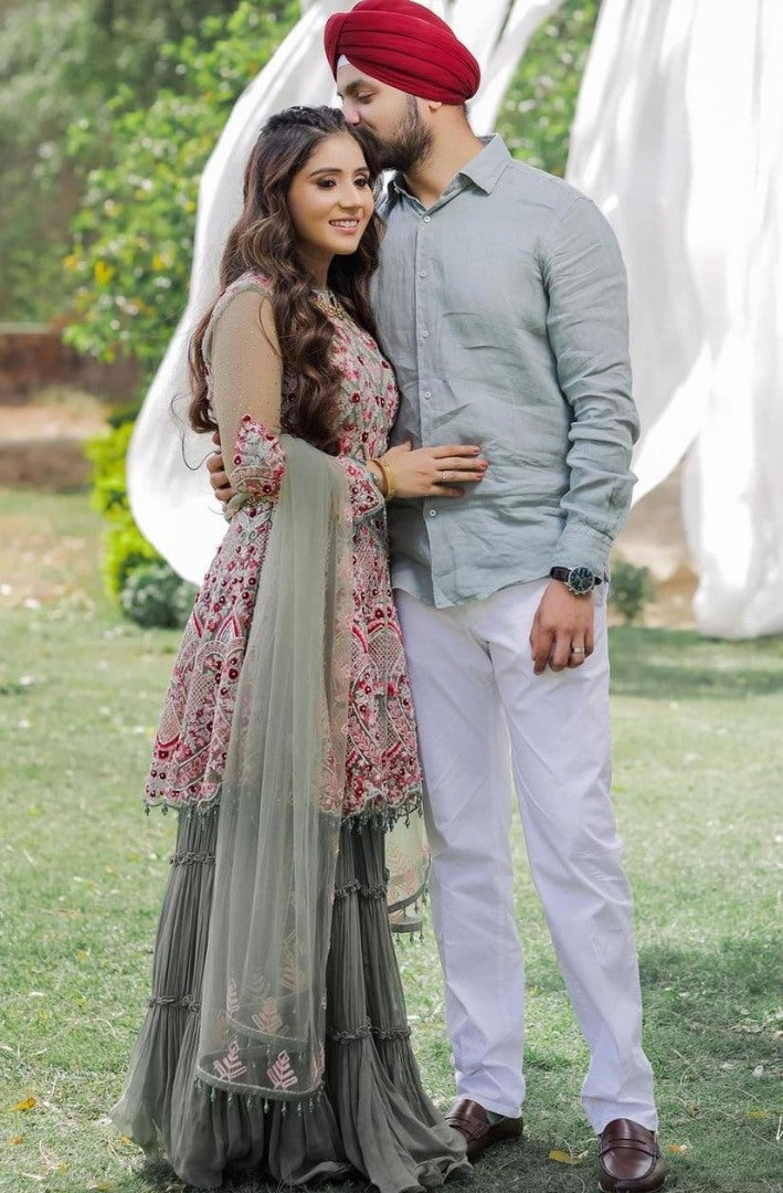 Sea green fox georgette embroidered work sharara plazzo suit