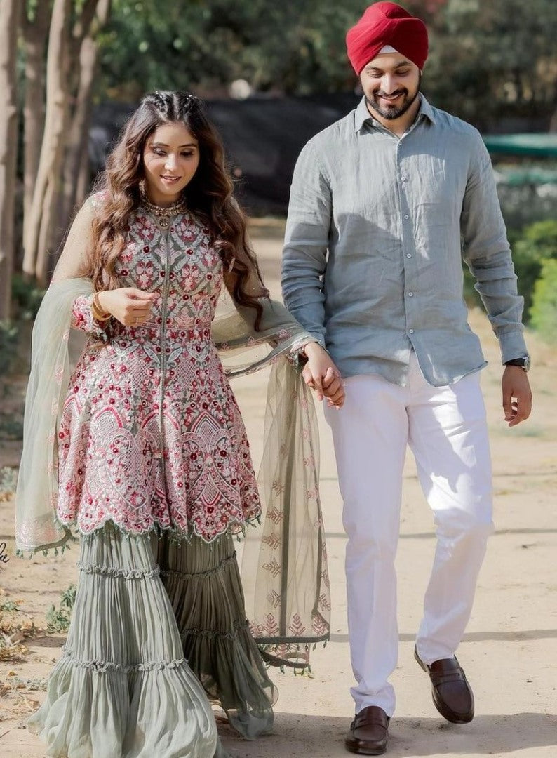 Sea green fox georgette embroidered work sharara plazzo suit