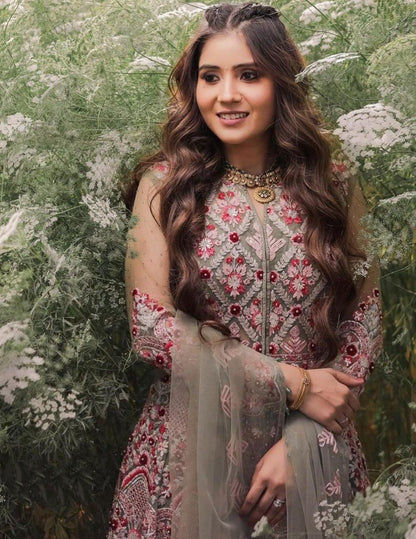 Sea green fox georgette embroidered work sharara plazzo suit