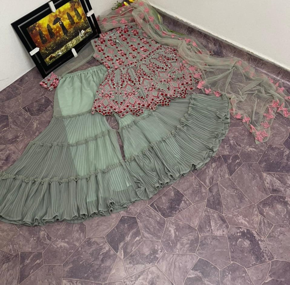 Sea green fox georgette embroidered work sharara plazzo suit