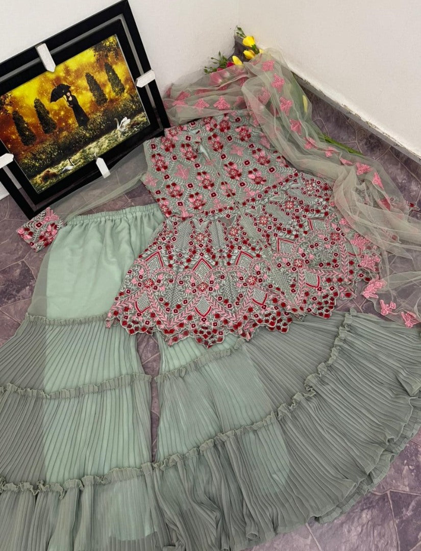 Sea green fox georgette embroidered work sharara plazzo suit