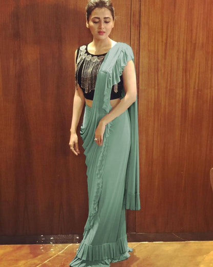 sea green georgette designer ruffle saree