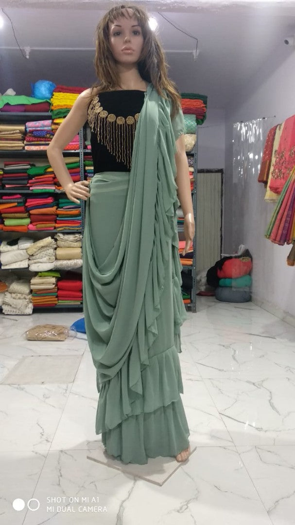 sea green georgette designer ruffle saree