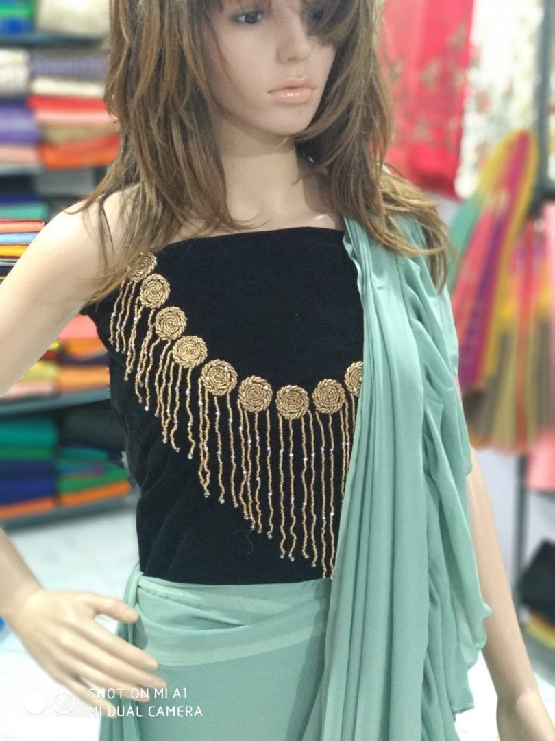 sea green georgette designer ruffle saree