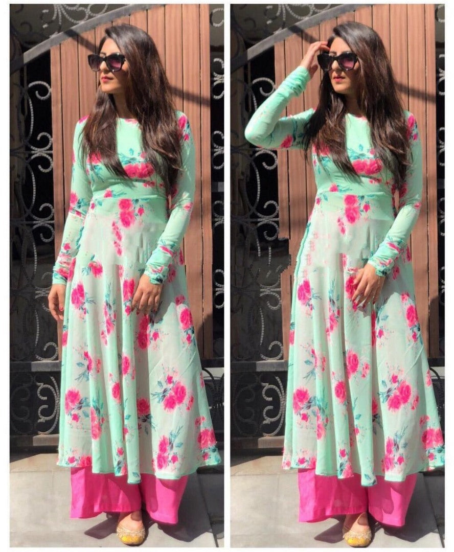 sea green georgette digital flower printed plazzo kurti