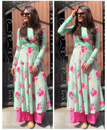 sea green georgette digital flower printed plazzo kurti