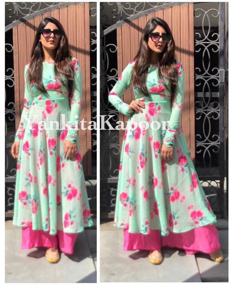 sea green georgette digital flower printed plazzo kurti