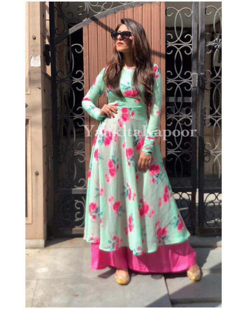 sea green georgette digital flower printed plazzo kurti