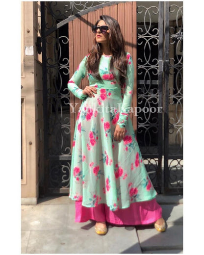 sea green georgette digital flower printed plazzo kurti