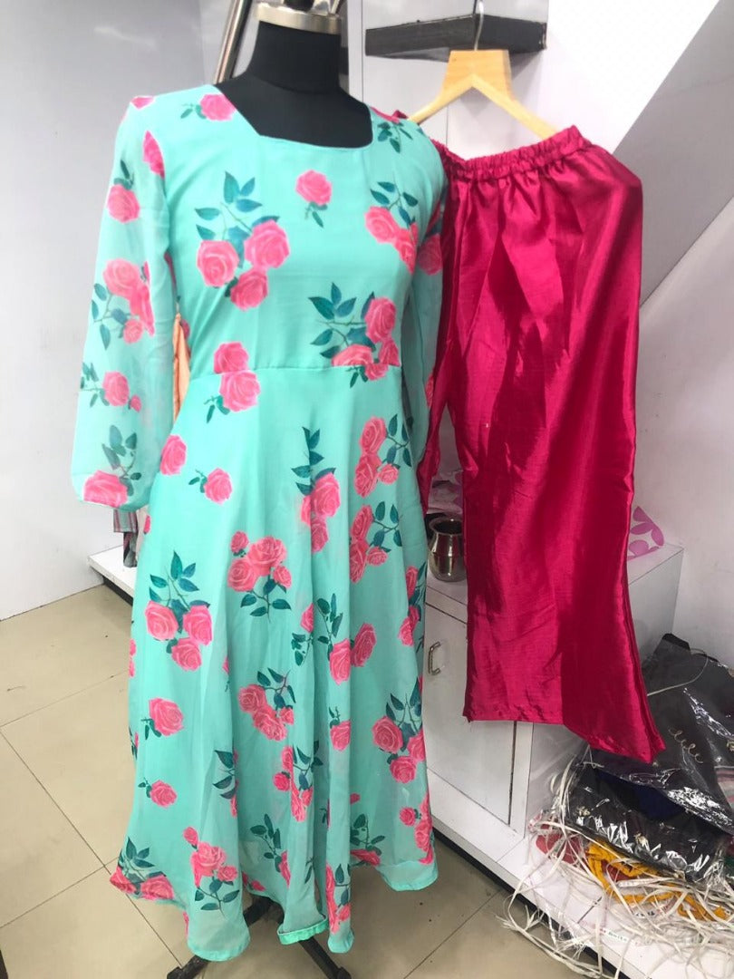 sea green georgette digital flower printed plazzo kurti
