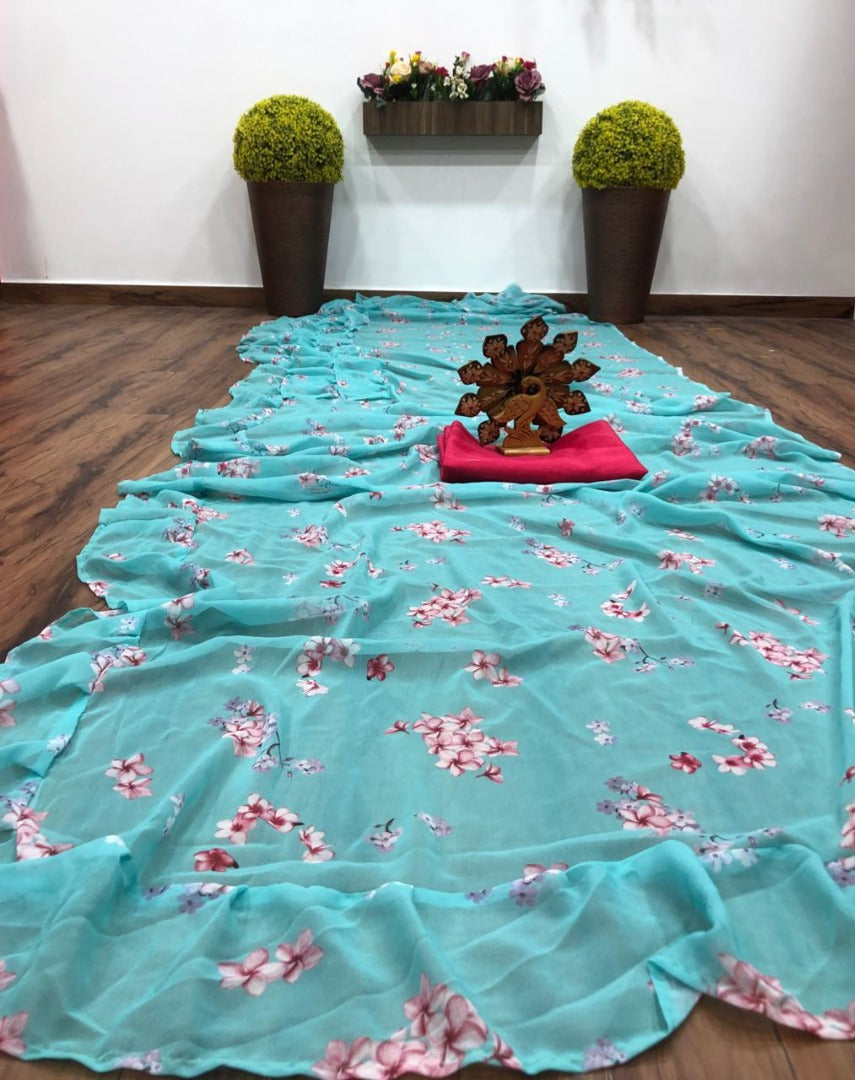 Sea green georgette digital printed ruffle saree