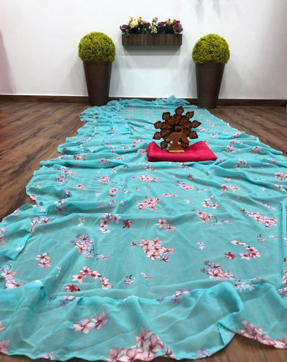 Sea green georgette digital printed ruffle saree