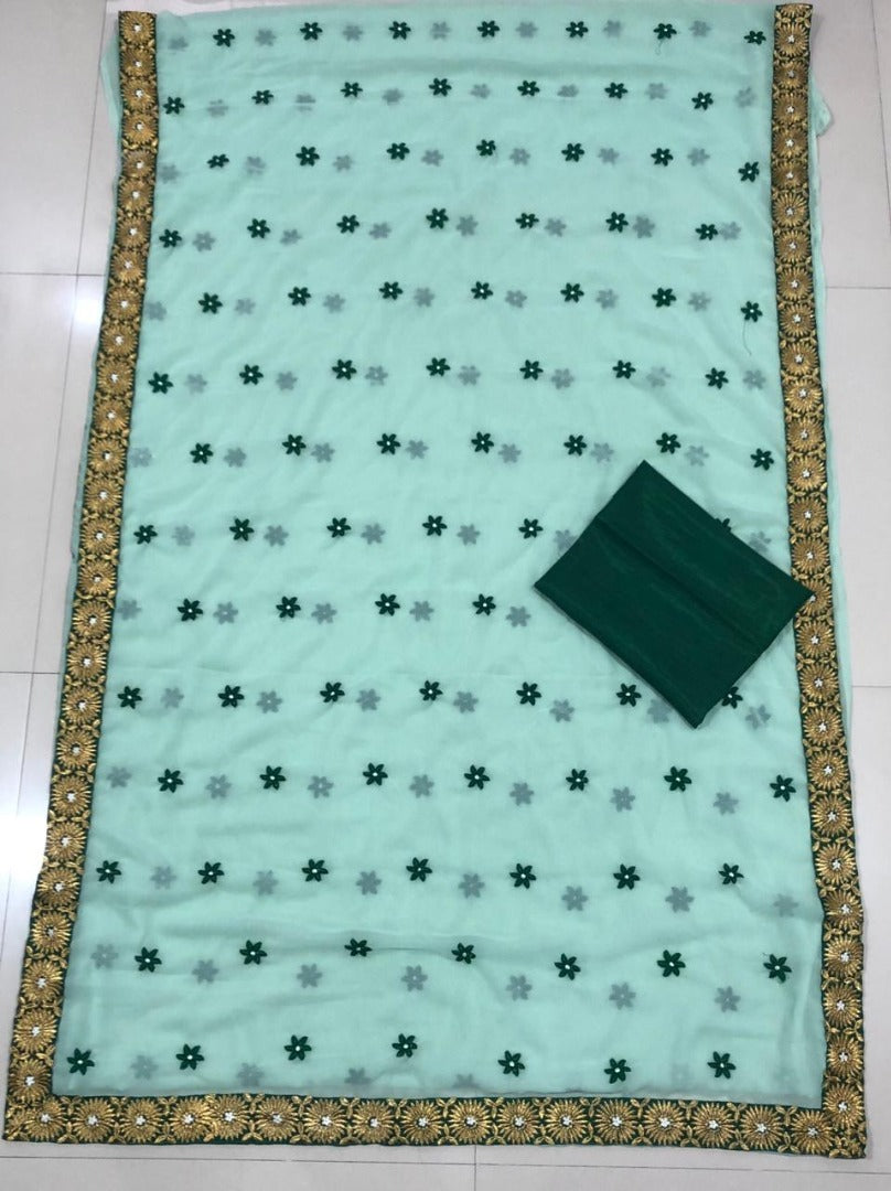 sea green georgette embroidered designer saree