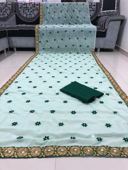 sea green georgette embroidered designer saree