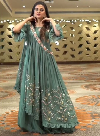 Sea green georgette embroidered indowestern gown