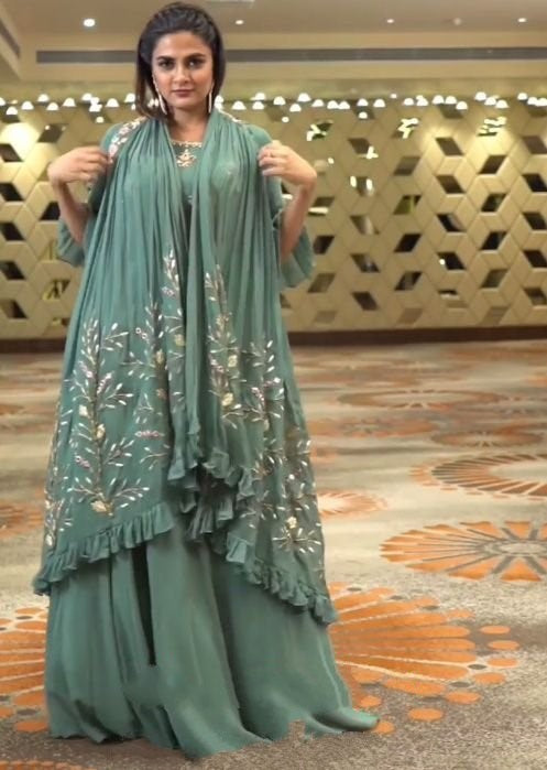 Sea green georgette embroidered indowestern gown