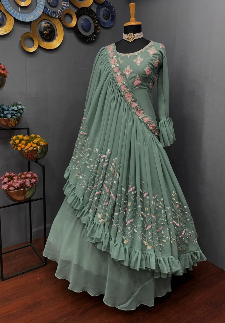 Sea green georgette embroidered indowestern gown